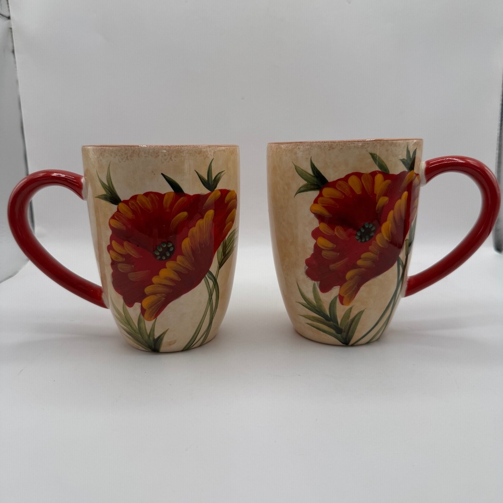 Pier 1 Imports Red Poppies Coffee Tea Mugs Cups Set of 2 Cream Hand Painted